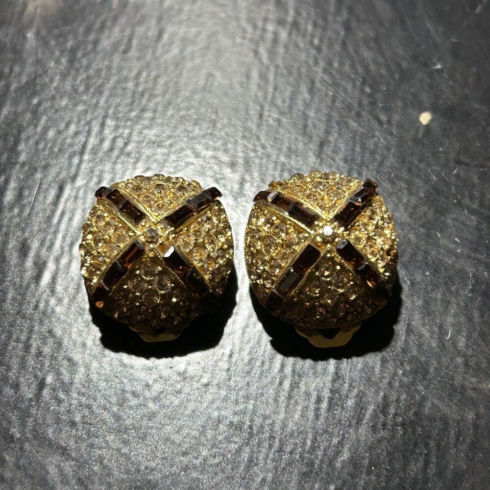 Vintage Blair Delmonico Signed 1" Amber/Gold Tone Rhinestone Clip Earrings